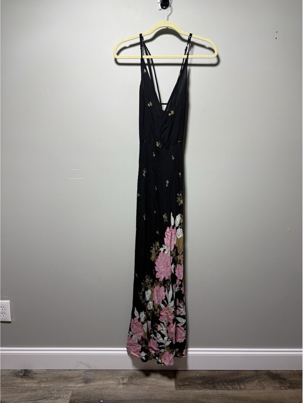 Free People Get To You Floral Maxi Dress Black Pink Slip Sundress Boho M